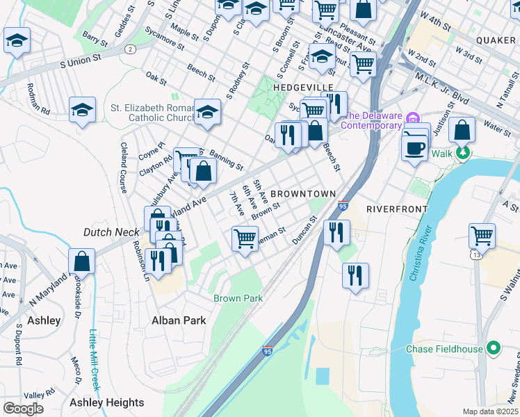 map of restaurants, bars, coffee shops, grocery stores, and more near 133 6th Avenue in Wilmington