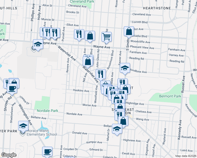 map of restaurants, bars, coffee shops, grocery stores, and more near 438 Watervliet Avenue in Dayton