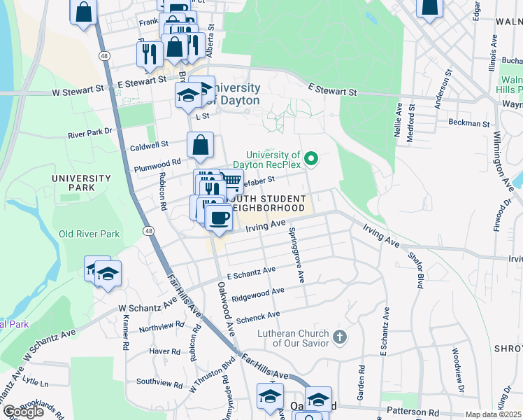 map of restaurants, bars, coffee shops, grocery stores, and more near 120 Lawnview Avenue in Dayton