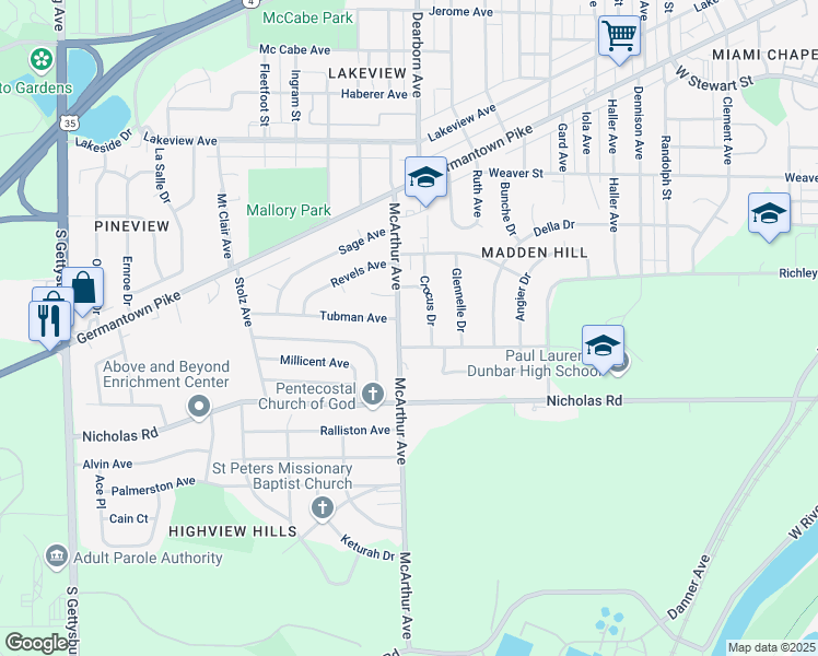 map of restaurants, bars, coffee shops, grocery stores, and more near 1223 McArthur Avenue in Dayton