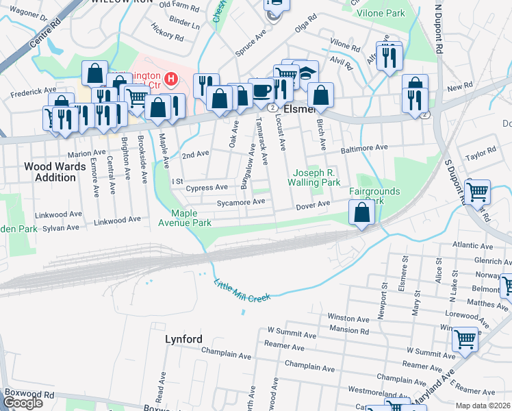 map of restaurants, bars, coffee shops, grocery stores, and more near 228 Bungalow Avenue in Wilmington