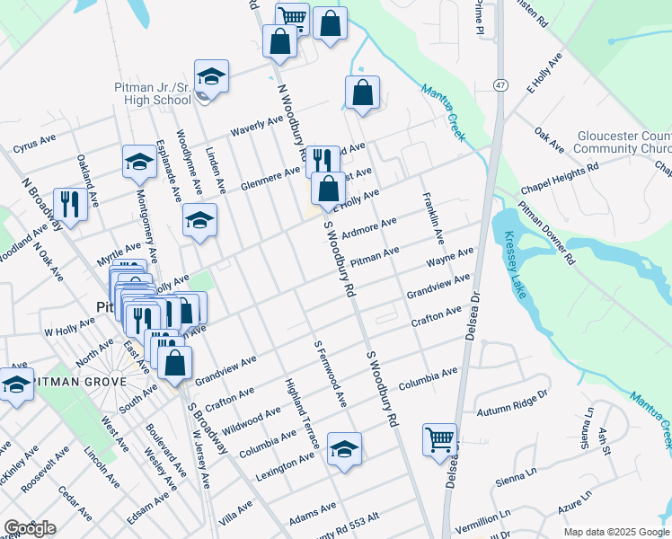 map of restaurants, bars, coffee shops, grocery stores, and more near 353 Pitman Ave in Pitman