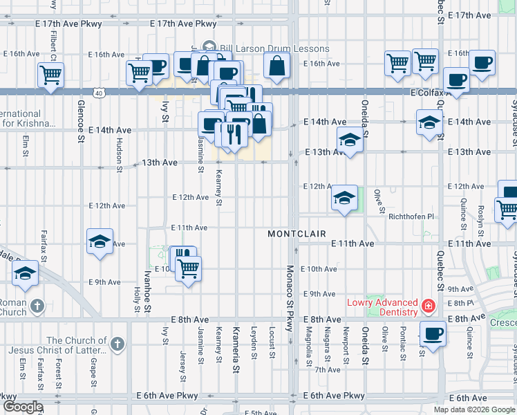 map of restaurants, bars, coffee shops, grocery stores, and more near 1170 Leyden Street in Denver