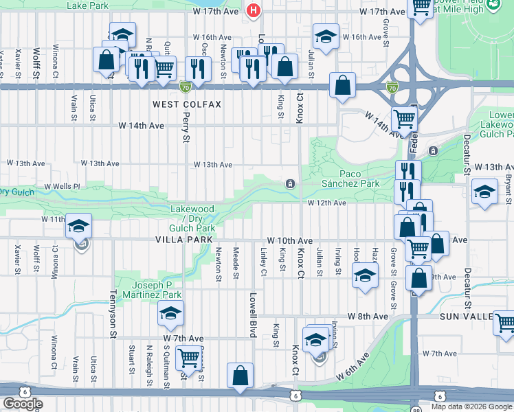 map of restaurants, bars, coffee shops, grocery stores, and more near 1190 Lowell Boulevard in Denver