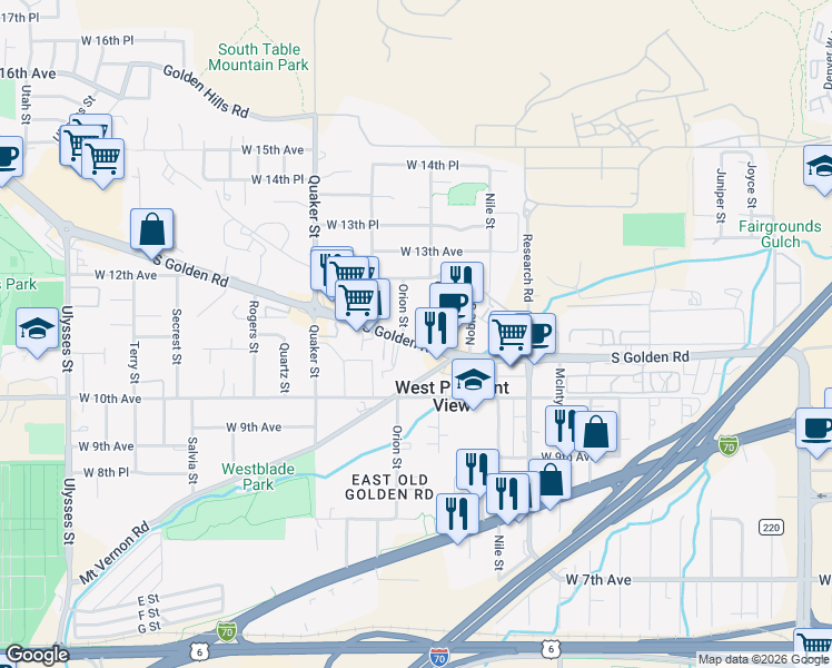 map of restaurants, bars, coffee shops, grocery stores, and more near 16038 West 11th Avenue in Golden