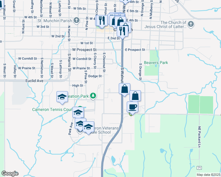 map of restaurants, bars, coffee shops, grocery stores, and more near 115 East Ford Street in Cameron