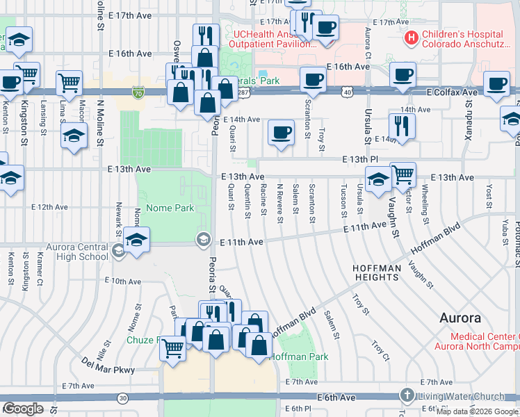 map of restaurants, bars, coffee shops, grocery stores, and more near 1205 Racine Street in Aurora