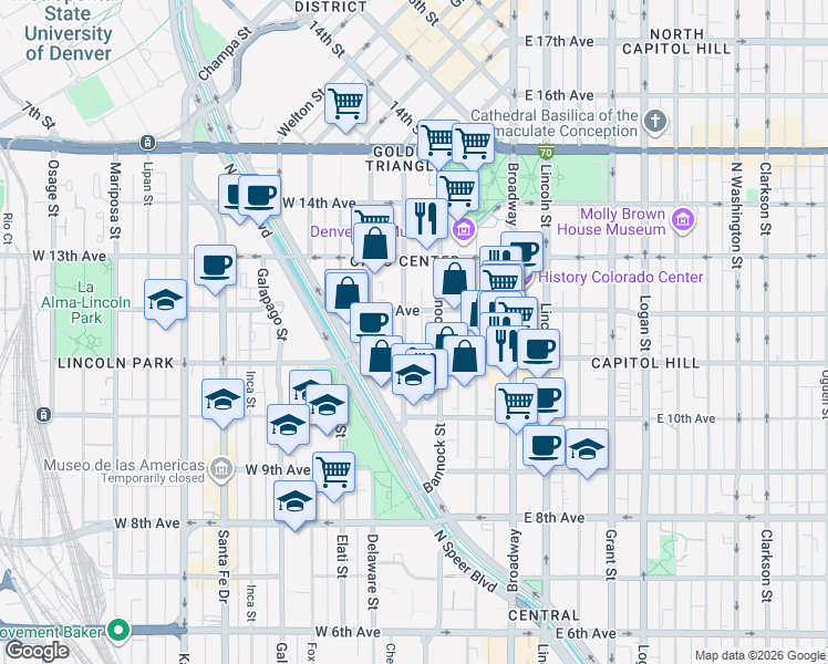 map of restaurants, bars, coffee shops, grocery stores, and more near in Denver