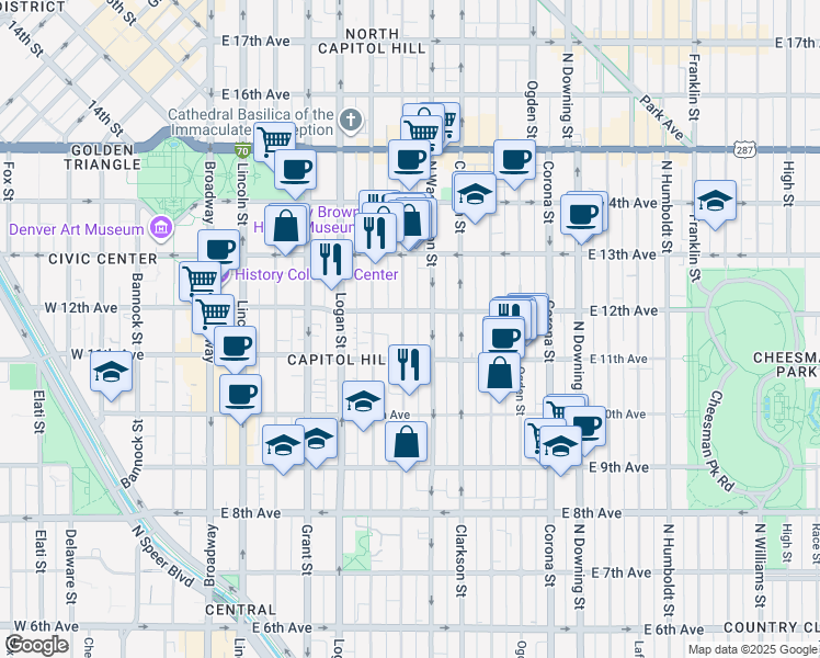 map of restaurants, bars, coffee shops, grocery stores, and more near in Denver