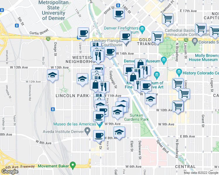 map of restaurants, bars, coffee shops, grocery stores, and more near 61 Galapago Street in Denver