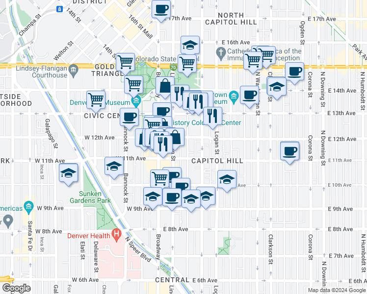 map of restaurants, bars, coffee shops, grocery stores, and more near 1137 Sherman Street in Denver