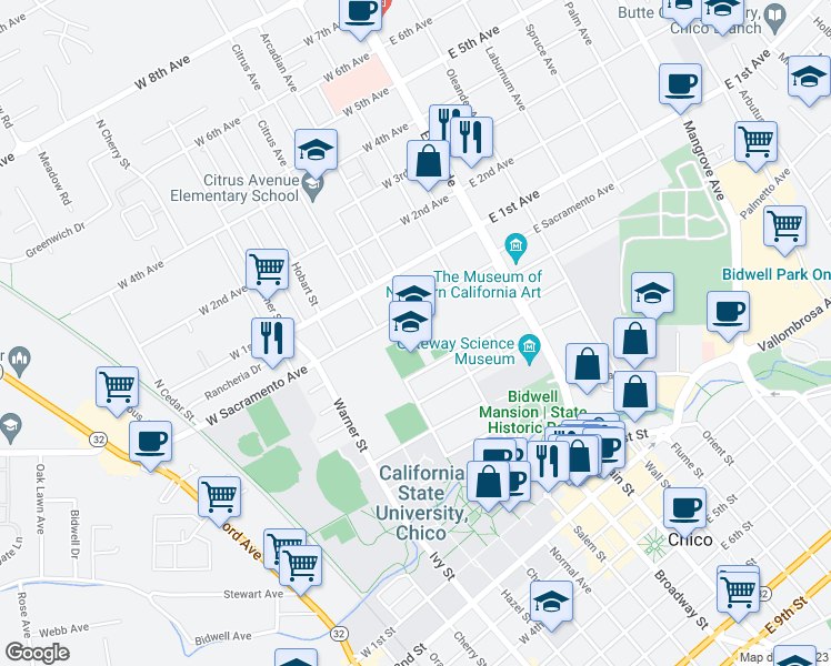 map of restaurants, bars, coffee shops, grocery stores, and more near 335 West Sacramento Avenue in Chico