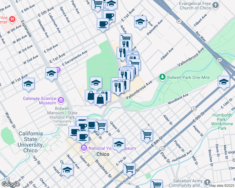 map of restaurants, bars, coffee shops, grocery stores, and more near 615 Mangrove Avenue in Chico