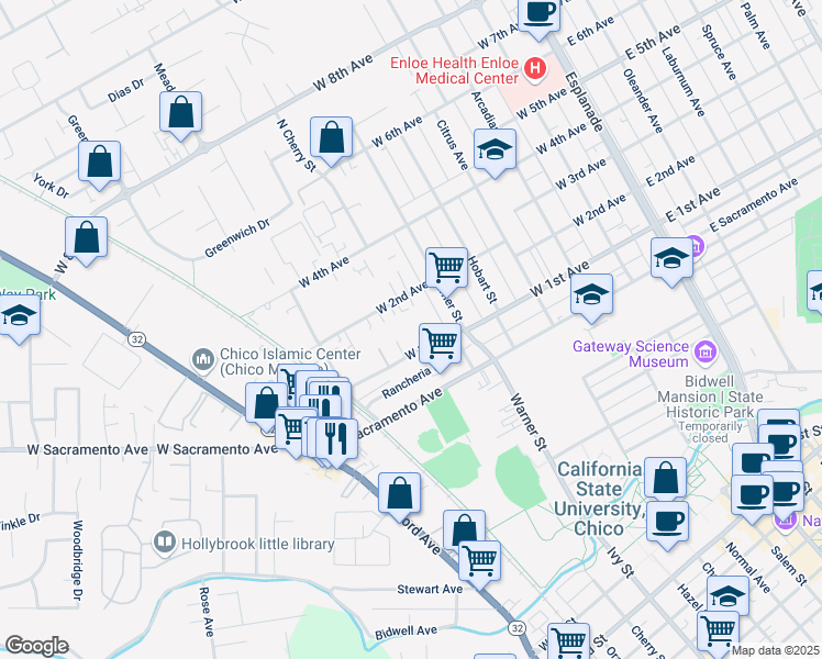 map of restaurants, bars, coffee shops, grocery stores, and more near 647 West 2nd Avenue in Chico