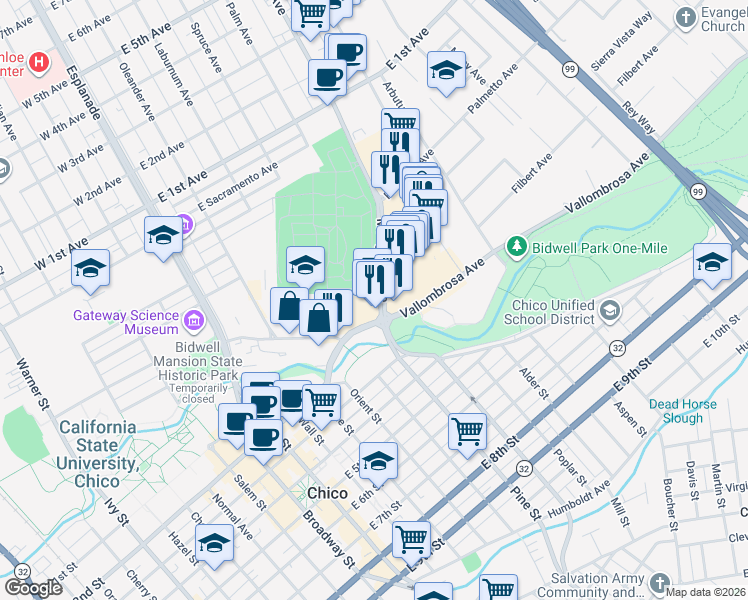 map of restaurants, bars, coffee shops, grocery stores, and more near 615 Mangrove Avenue in Chico