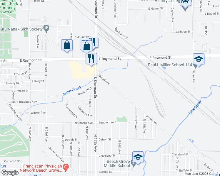 map of restaurants, bars, coffee shops, grocery stores, and more near 3867 Bethel Avenue in Indianapolis