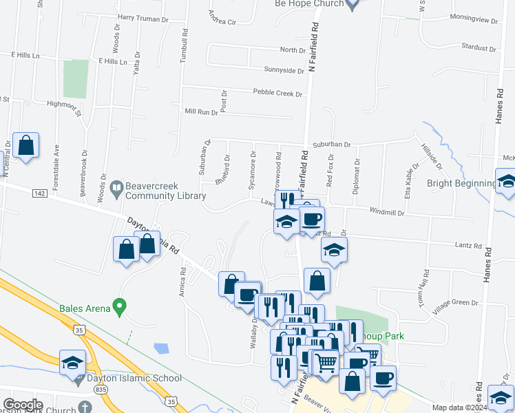 map of restaurants, bars, coffee shops, grocery stores, and more near 3383 Lawson Drive in Dayton