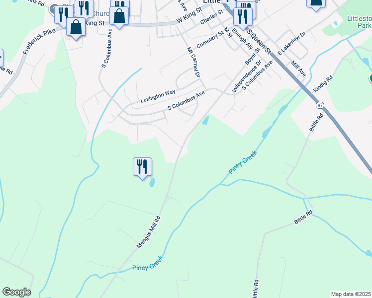 map of restaurants, bars, coffee shops, grocery stores, and more near 320 Mengus Mill Road in Littlestown