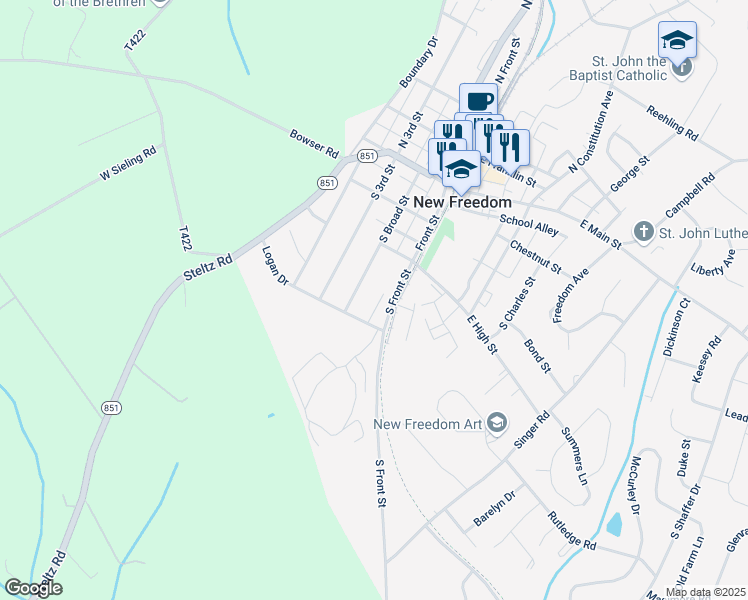 map of restaurants, bars, coffee shops, grocery stores, and more near 8 Chelsea Court in New Freedom