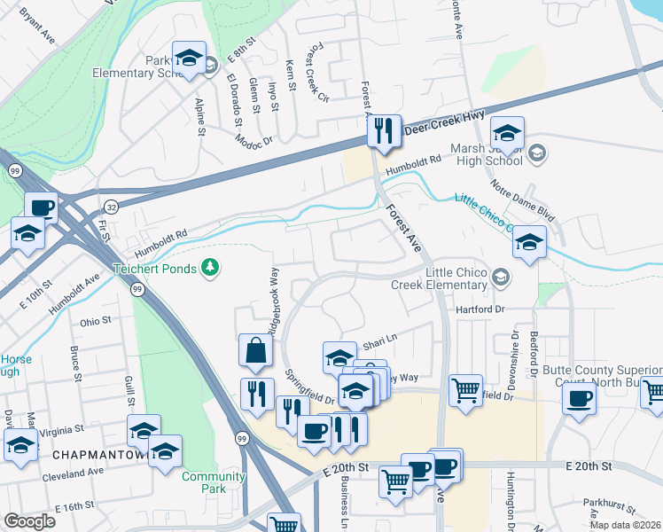 map of restaurants, bars, coffee shops, grocery stores, and more near 75 Skymountain Circle in Chico