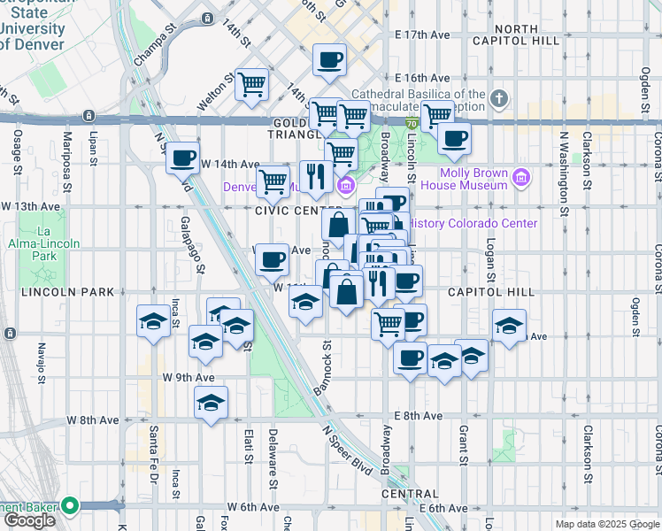 map of restaurants, bars, coffee shops, grocery stores, and more near 1140 Bannock Street in Denver