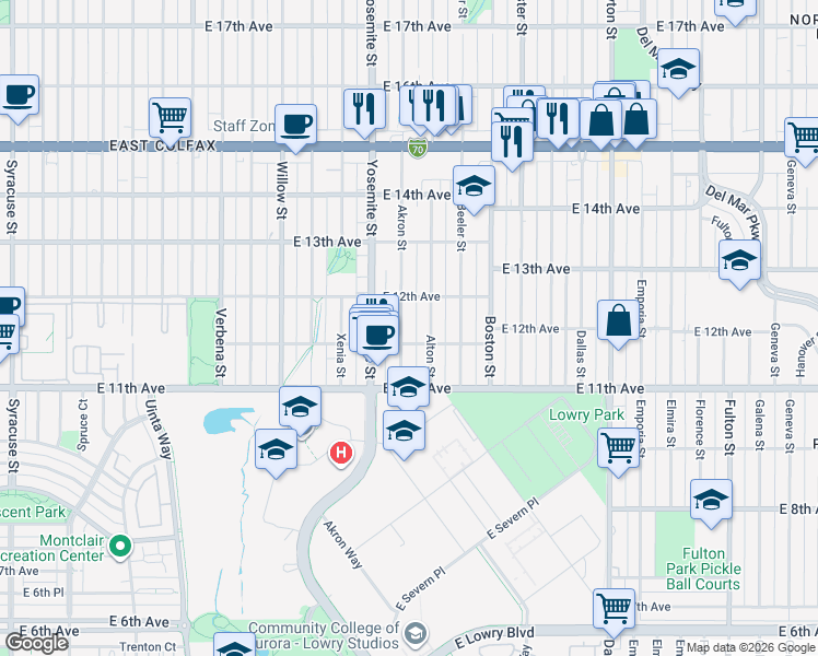 map of restaurants, bars, coffee shops, grocery stores, and more near 1170 Akron Street in Aurora