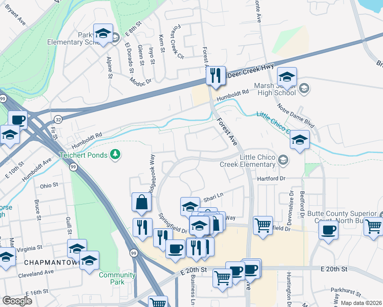 map of restaurants, bars, coffee shops, grocery stores, and more near 79 Skymountain Circle in Chico