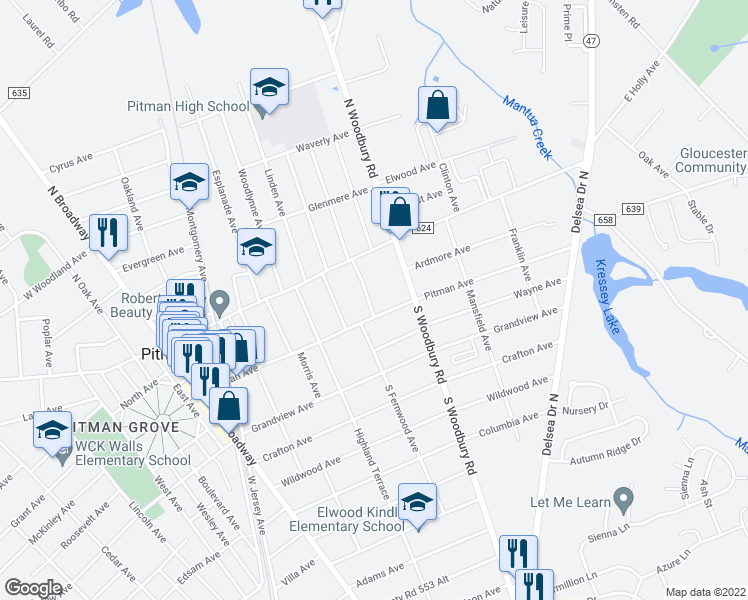 map of restaurants, bars, coffee shops, grocery stores, and more near 33 South Brentwood Avenue in Pitman