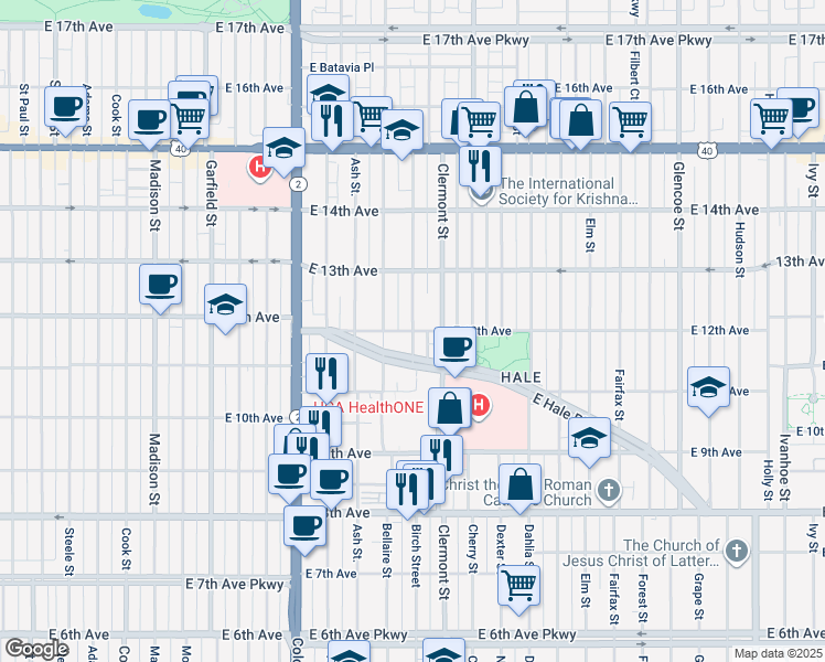 map of restaurants, bars, coffee shops, grocery stores, and more near East 12th Avenue in Denver