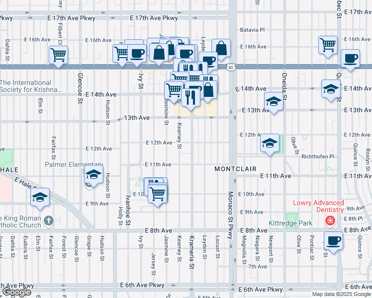 map of restaurants, bars, coffee shops, grocery stores, and more near 1170 Krameria Street in Denver