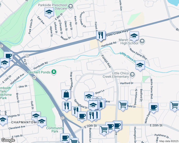map of restaurants, bars, coffee shops, grocery stores, and more near 79 Skymountain Circle in Chico