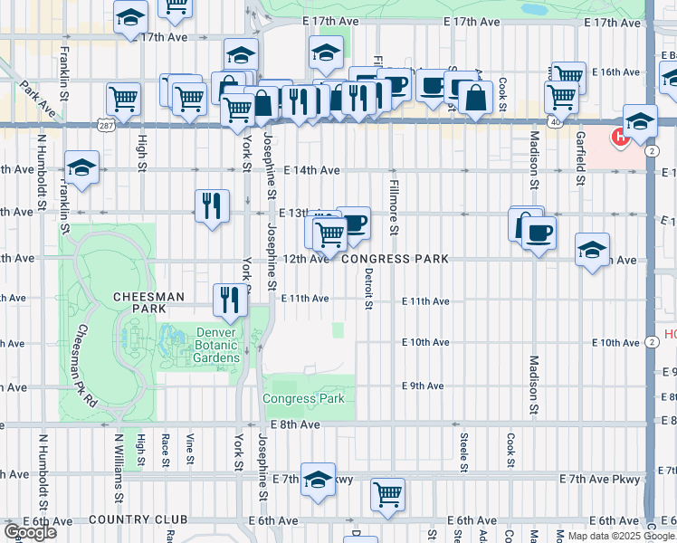 map of restaurants, bars, coffee shops, grocery stores, and more near 1155 Clayton Street in Denver