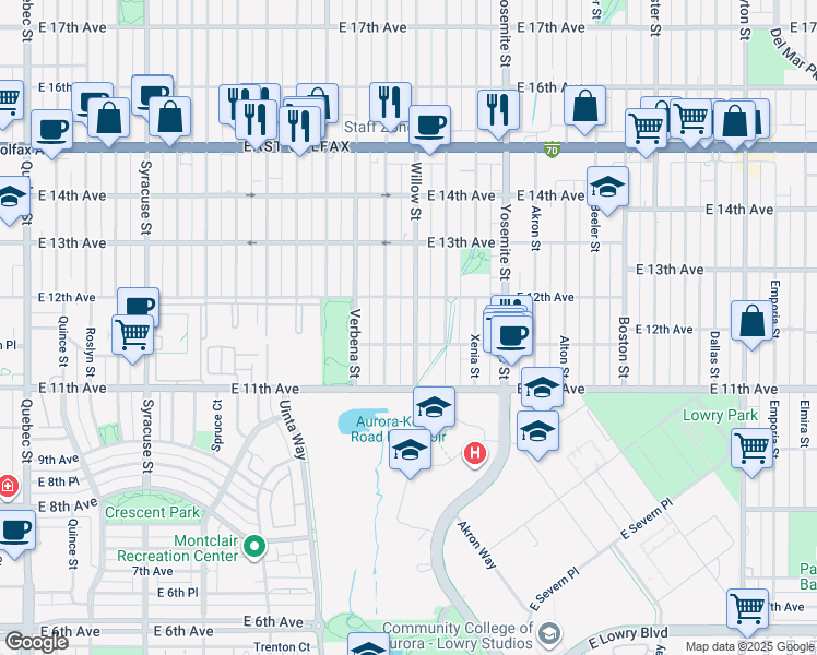 map of restaurants, bars, coffee shops, grocery stores, and more near 1174 Wabash Street in Denver