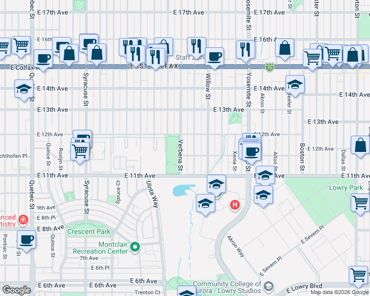 map of restaurants, bars, coffee shops, grocery stores, and more near 1170 Verbena St in Denver