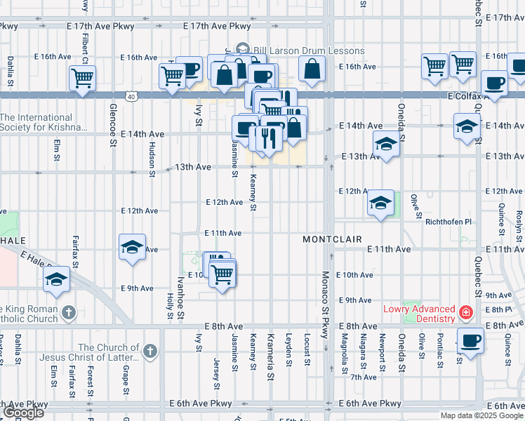 map of restaurants, bars, coffee shops, grocery stores, and more near 1170 Krameria Street in Denver