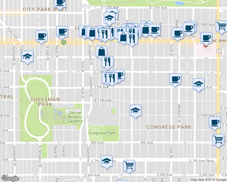 map of restaurants, bars, coffee shops, grocery stores, and more near 2700 East 12th Avenue in Denver