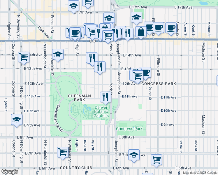 map of restaurants, bars, coffee shops, grocery stores, and more near in Denver
