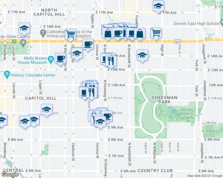 map of restaurants, bars, coffee shops, grocery stores, and more near 1168 North Marion Street in Denver