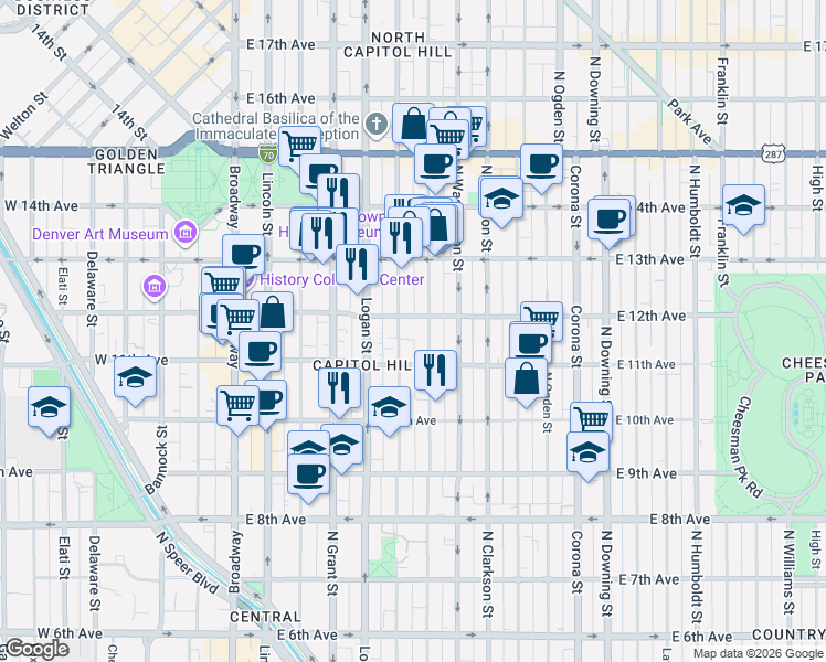 map of restaurants, bars, coffee shops, grocery stores, and more near in Denver