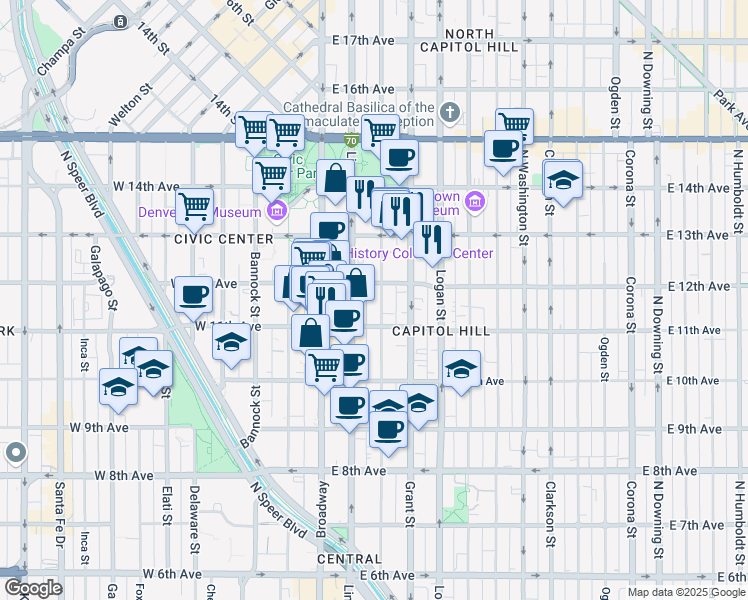 map of restaurants, bars, coffee shops, grocery stores, and more near 1151 Sherman Street in Denver