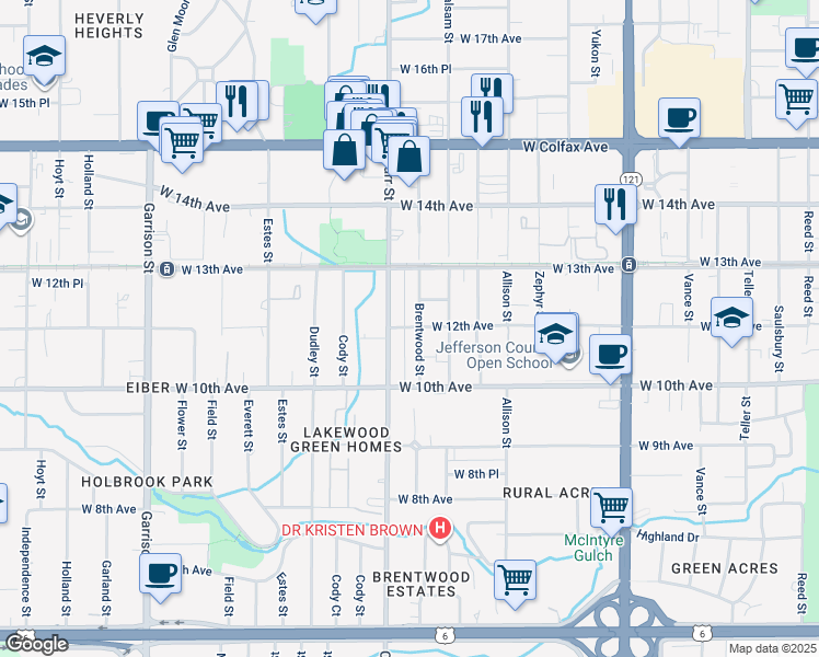 map of restaurants, bars, coffee shops, grocery stores, and more near 1201 Brentwood Street in Lakewood