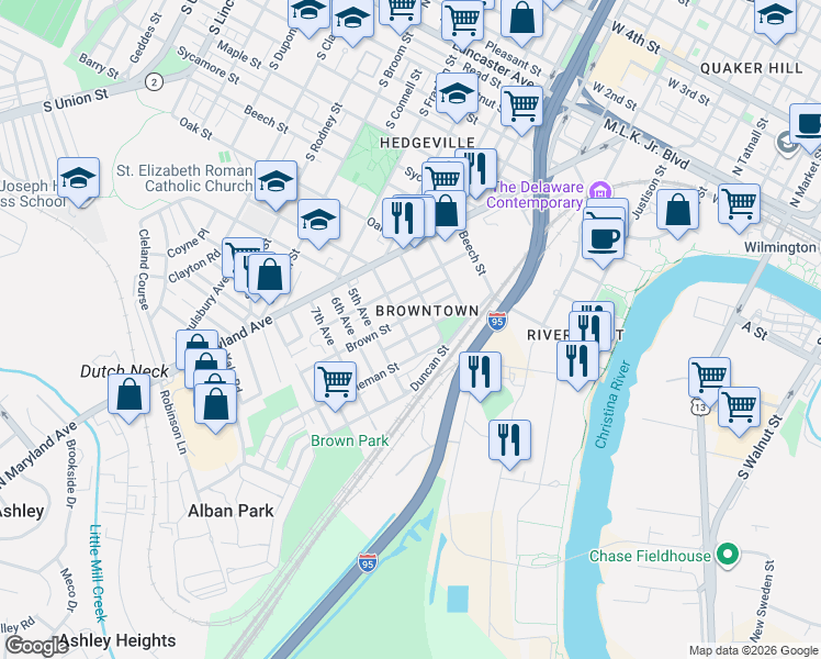 map of restaurants, bars, coffee shops, grocery stores, and more near in Wilmington