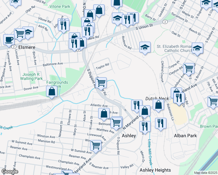 map of restaurants, bars, coffee shops, grocery stores, and more near 820 Old Dupont Road in Wilmington