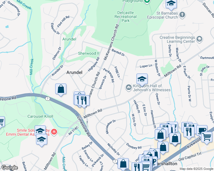 map of restaurants, bars, coffee shops, grocery stores, and more near 1210 Ipswich Drive in Wilmington