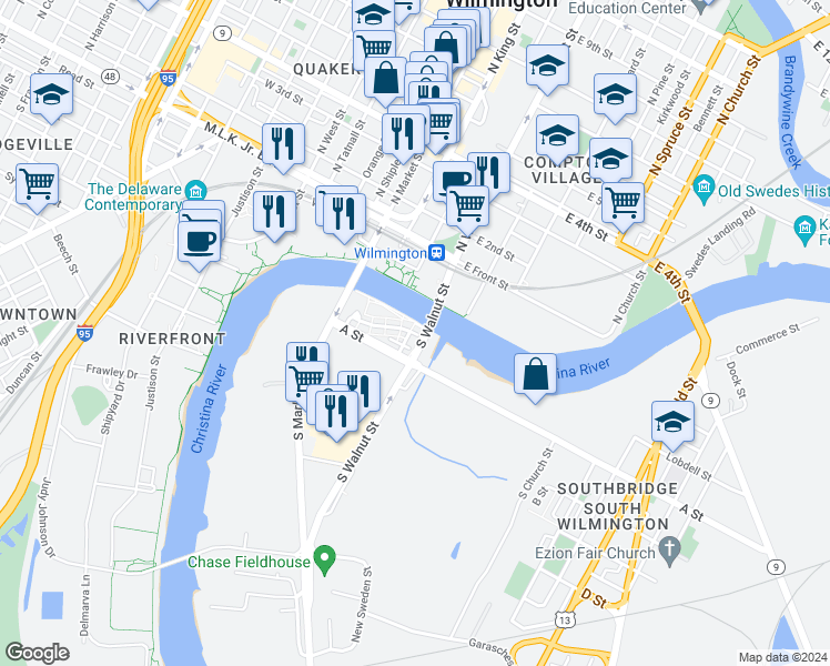 map of restaurants, bars, coffee shops, grocery stores, and more near 185 Christina Landing Drive in Wilmington