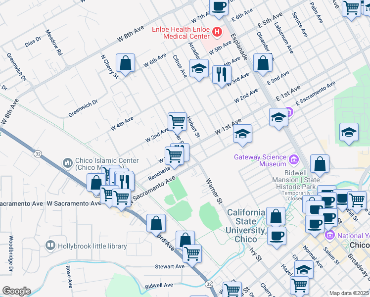 map of restaurants, bars, coffee shops, grocery stores, and more near 1100 Warner Street in Chico