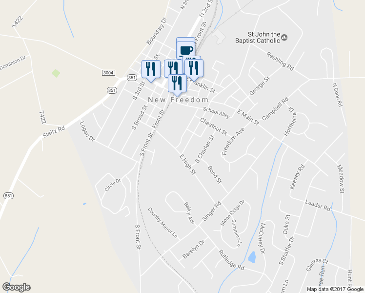 map of restaurants, bars, coffee shops, grocery stores, and more near 49 East High Street in New Freedom