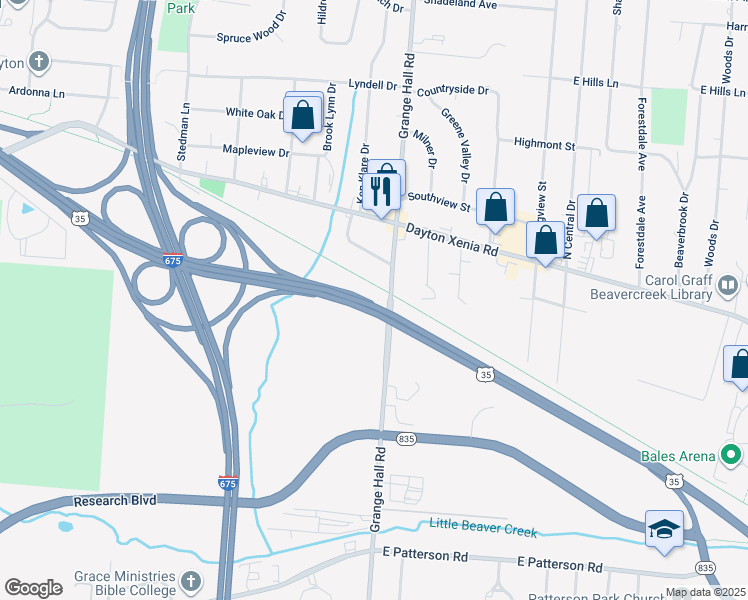 map of restaurants, bars, coffee shops, grocery stores, and more near 2 Grange Hall Road in Beavercreek