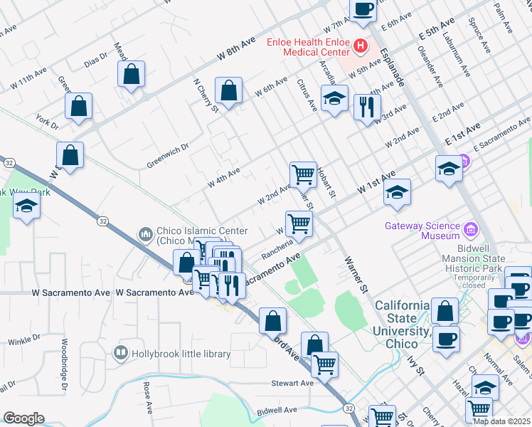 map of restaurants, bars, coffee shops, grocery stores, and more near 707 West 2nd Avenue in Chico
