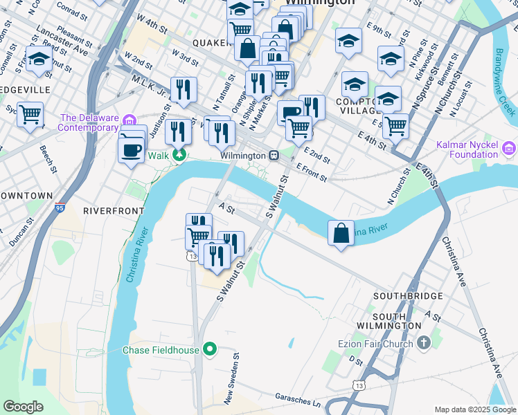 map of restaurants, bars, coffee shops, grocery stores, and more near 184 Christina Landing Drive in Wilmington